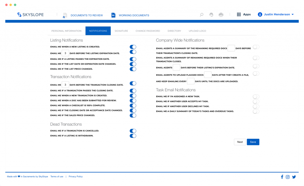 SkySlope notification settings: reminders before listing expiration and closing, alerts when a document is submitted for review, and company-wide emails to agents about missing documents