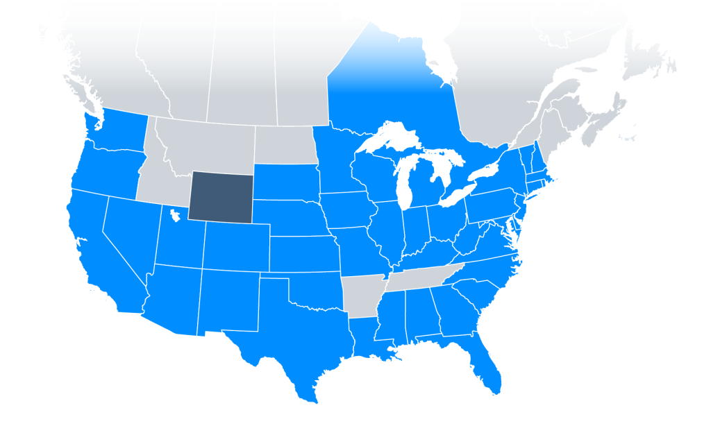 Image of the map of the United States. States that have Forms available are highlighted in blue