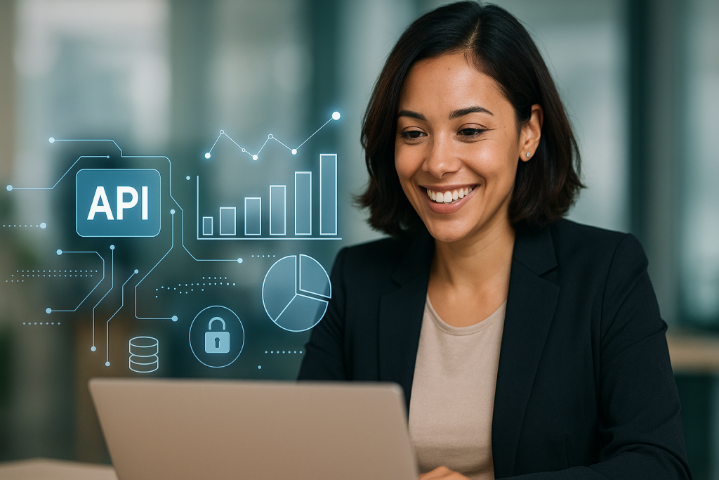 Professional woman smiling at laptop with digital API data charts projected in front of her.